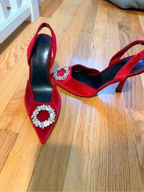 BOG Collective Red Velvet Slingback Pointed-Toe Heels with Crystal Buckle